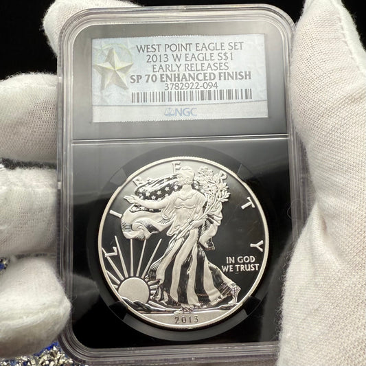 Reverse Proof & Enhanced Finish (2 Coin Set) 2013 (W) $1 American Silver Eagle NGC PF70 Black Core Holder West Point Silver Star Label