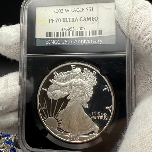 Proof 2003 (W) $1 American Silver Eagle NGC PF70UC Classic Blue Label Black Holder (1 of 11,073)