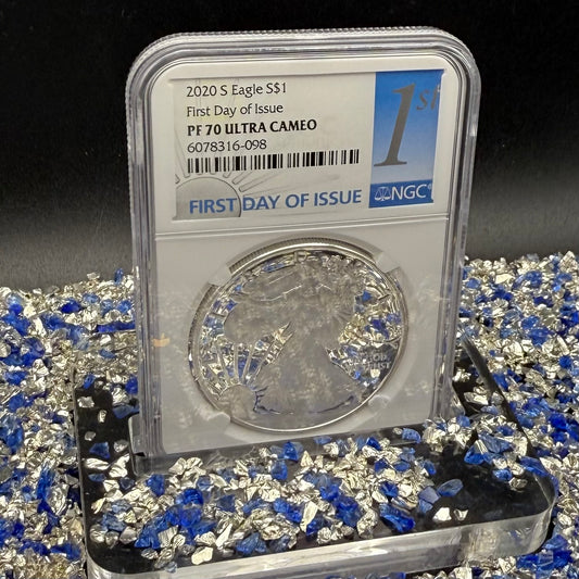 Proof 2020 (S) $1 American Silver Eagle NGC PF70UC First Day of Issue Blue Label (1 of 7,583) Mint Condition