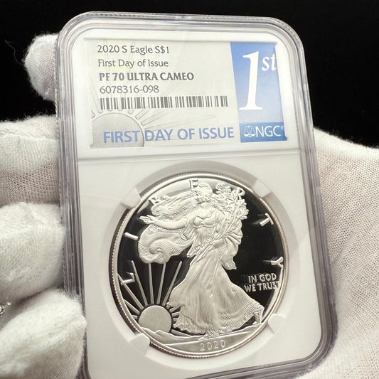 Proof 2020 (S) $1 American Silver Eagle NGC PF70UC First Day of Issue Blue Label (1 of 7,583) Mint Condition