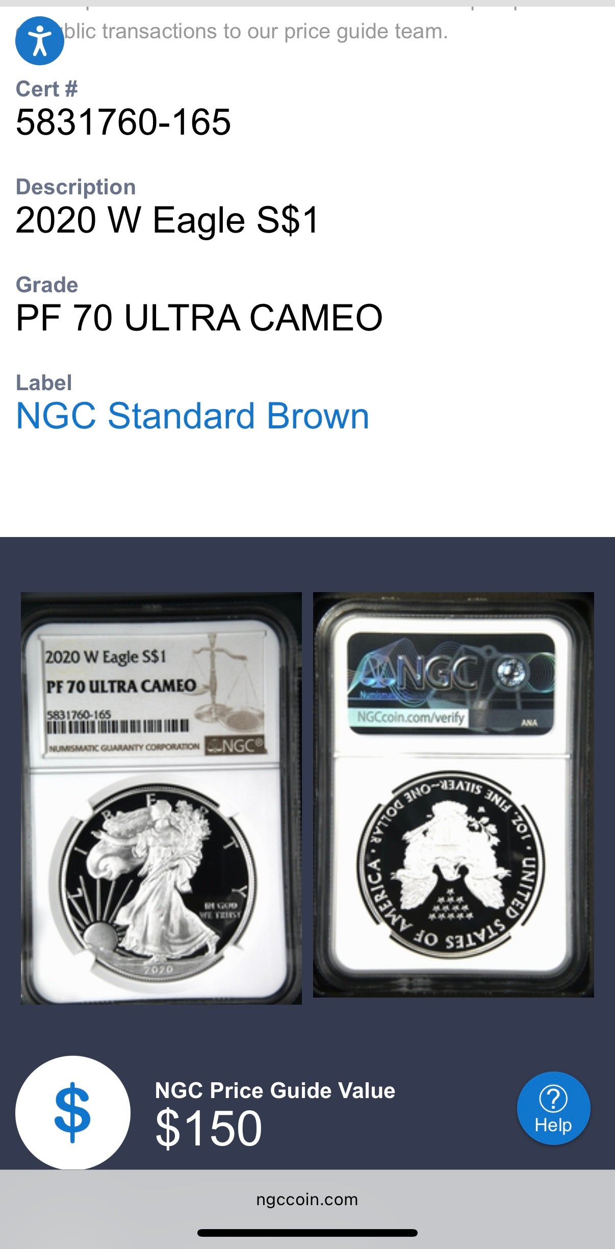 Proof 2020 (W) $1 American Silver Eagle NGC PF70UC Modern Brown Label (1 of 11,052)