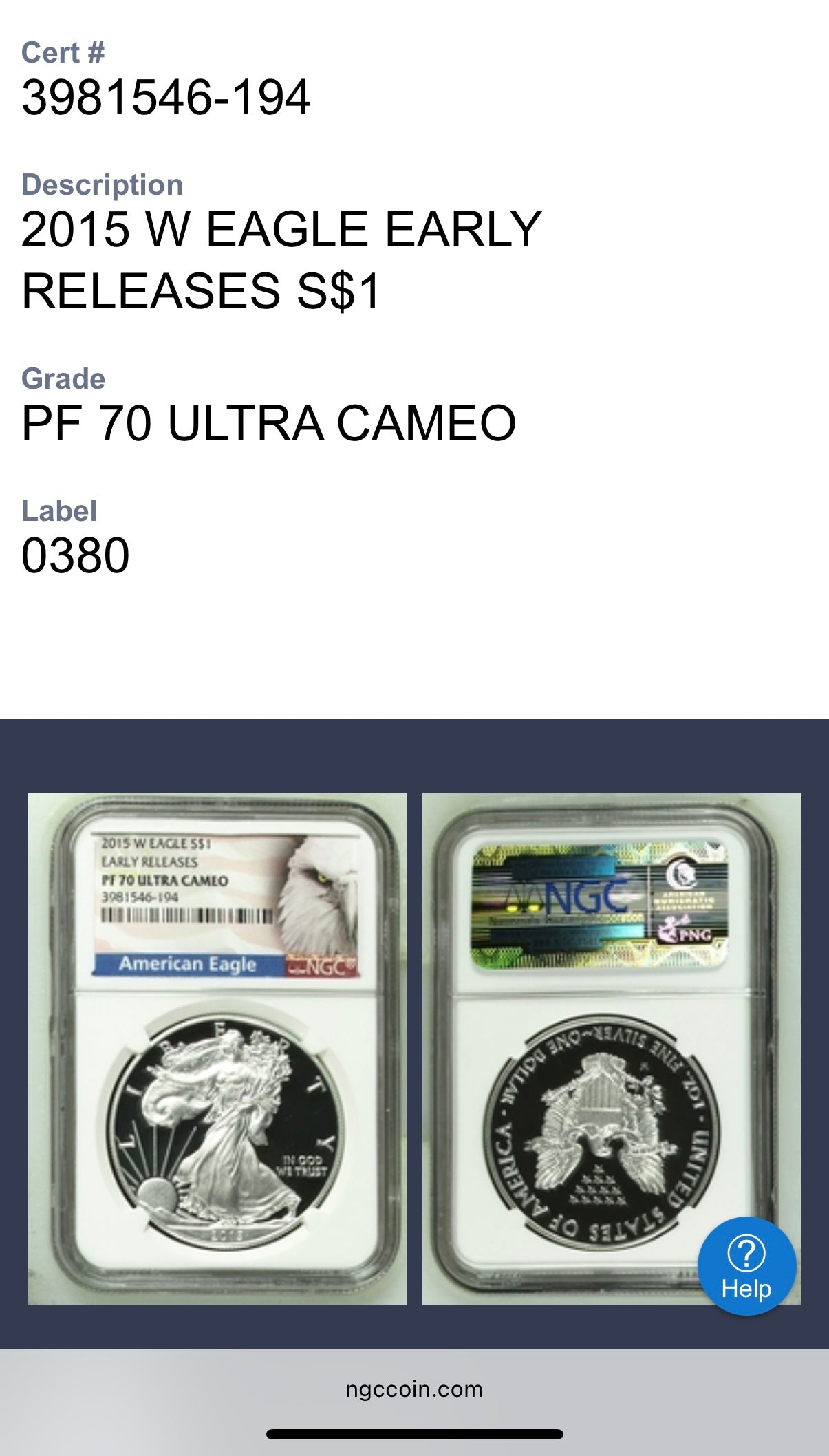 Proof 2015 (W) $1 American Silver Eagle NGC PF70 Early Releases Eagle Label Mint Condition (1 of 9,213)