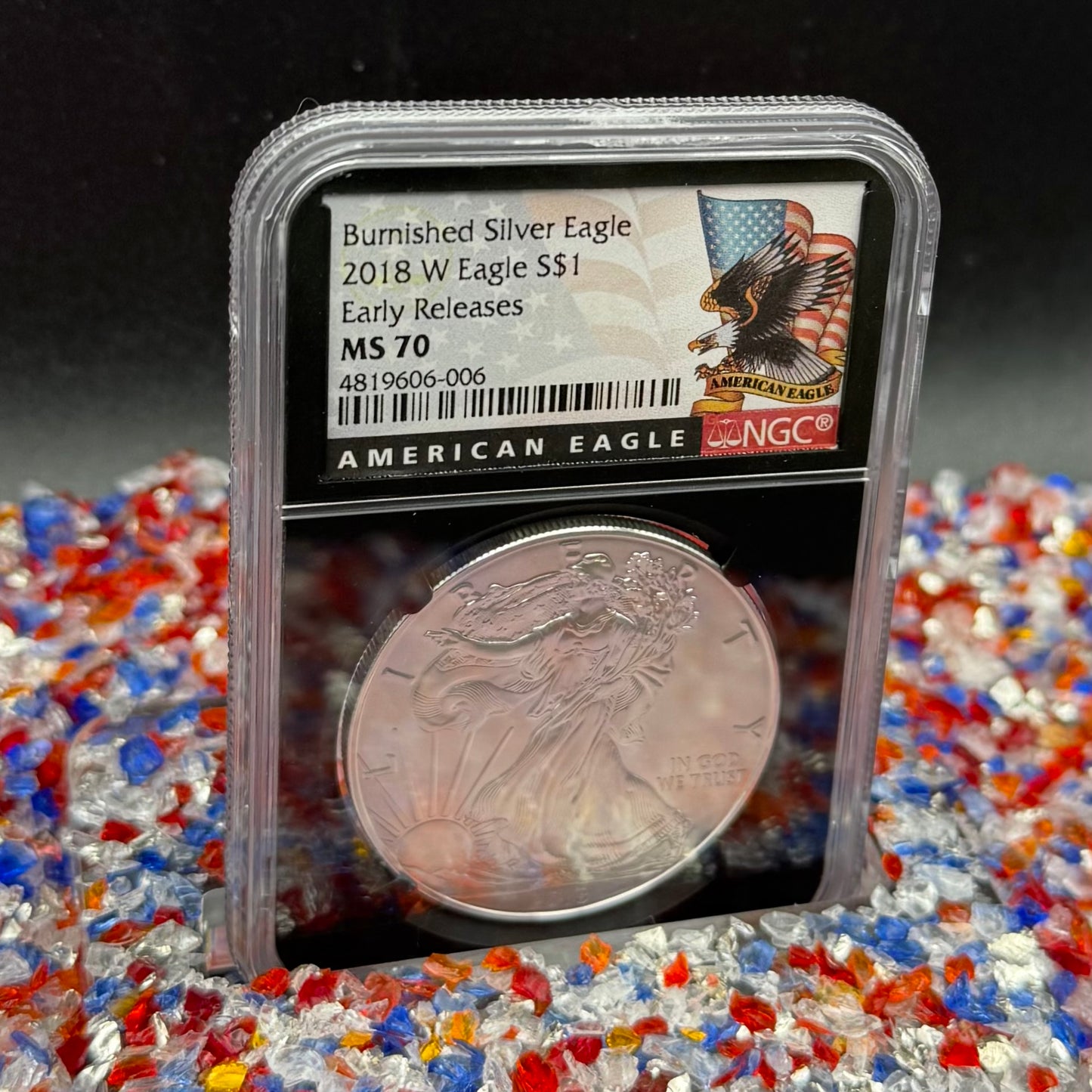Burnished 2018 (W) $1 American Silver Eagle NGC MS70 Early Releases American Eagle Flag Label (1 of 3,383)