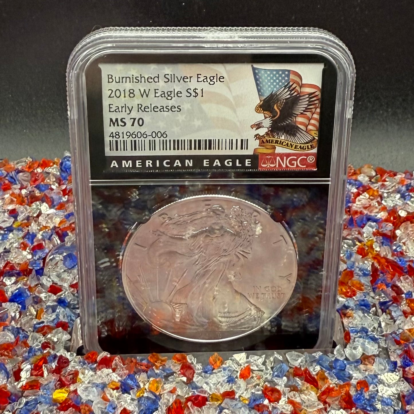 Burnished 2018 (W) $1 American Silver Eagle NGC MS70 Early Releases American Eagle Flag Label (1 of 3,383)