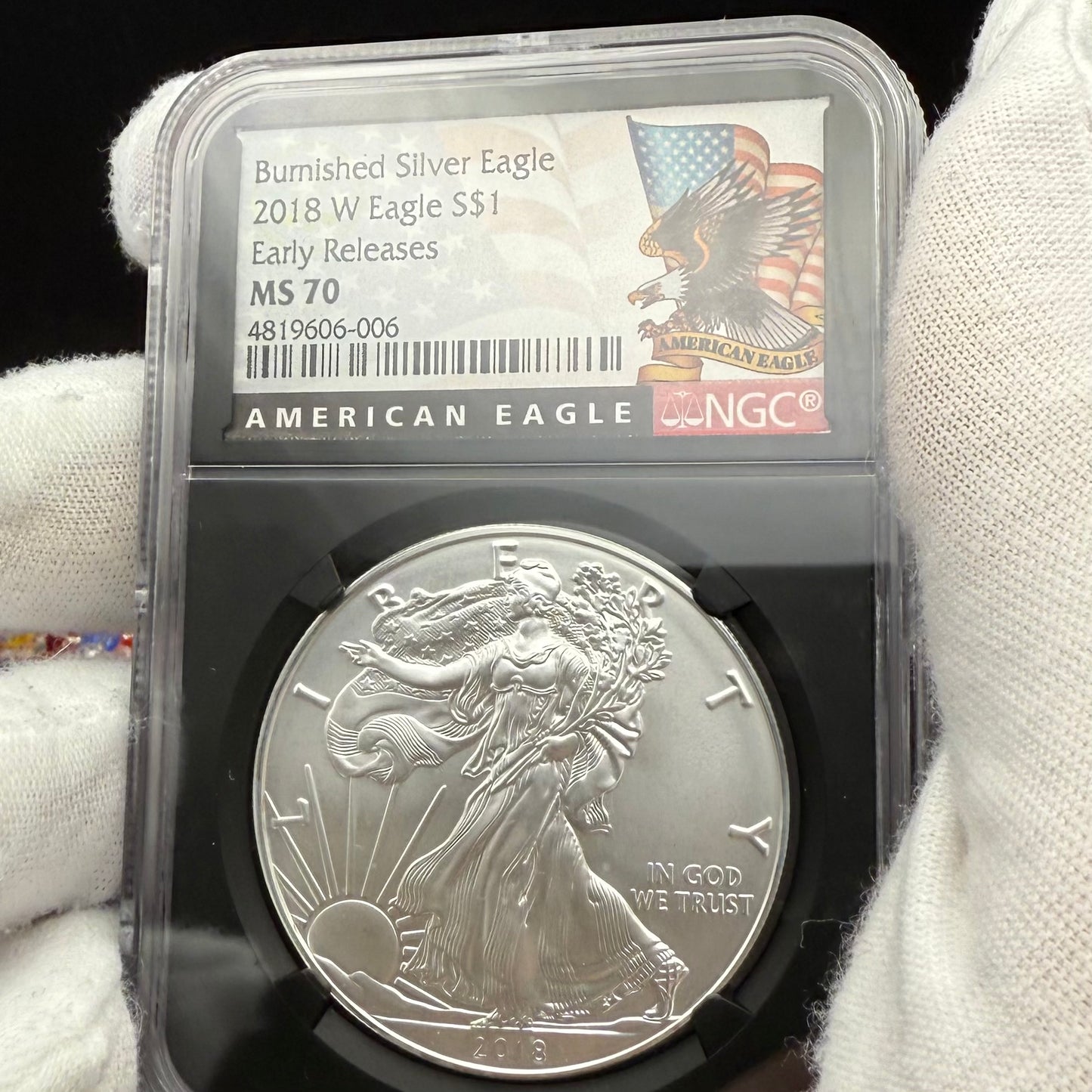 Burnished 2018 (W) $1 American Silver Eagle NGC MS70 Early Releases American Eagle Flag Label (1 of 3,383)