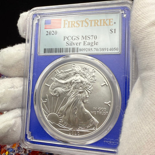 2020 $1 American Silver Eagle PCGS MS70 First Strike American Flag Label Blue Holder Mint Condition