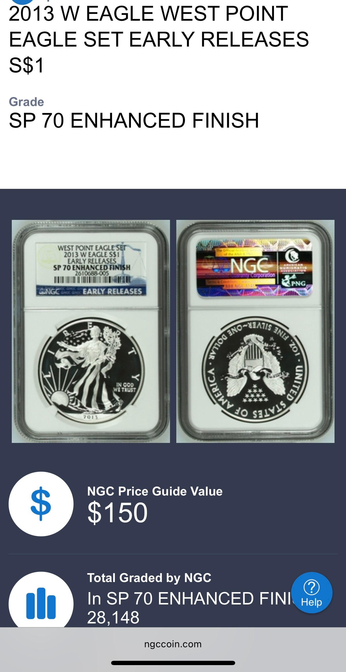 Reverse Proof & Enhanced Finish (2 Coin Set) 2013 (W) $1 American Silver Eagle NGC PF70 Early Releases White Core Holder Classic Blue Label