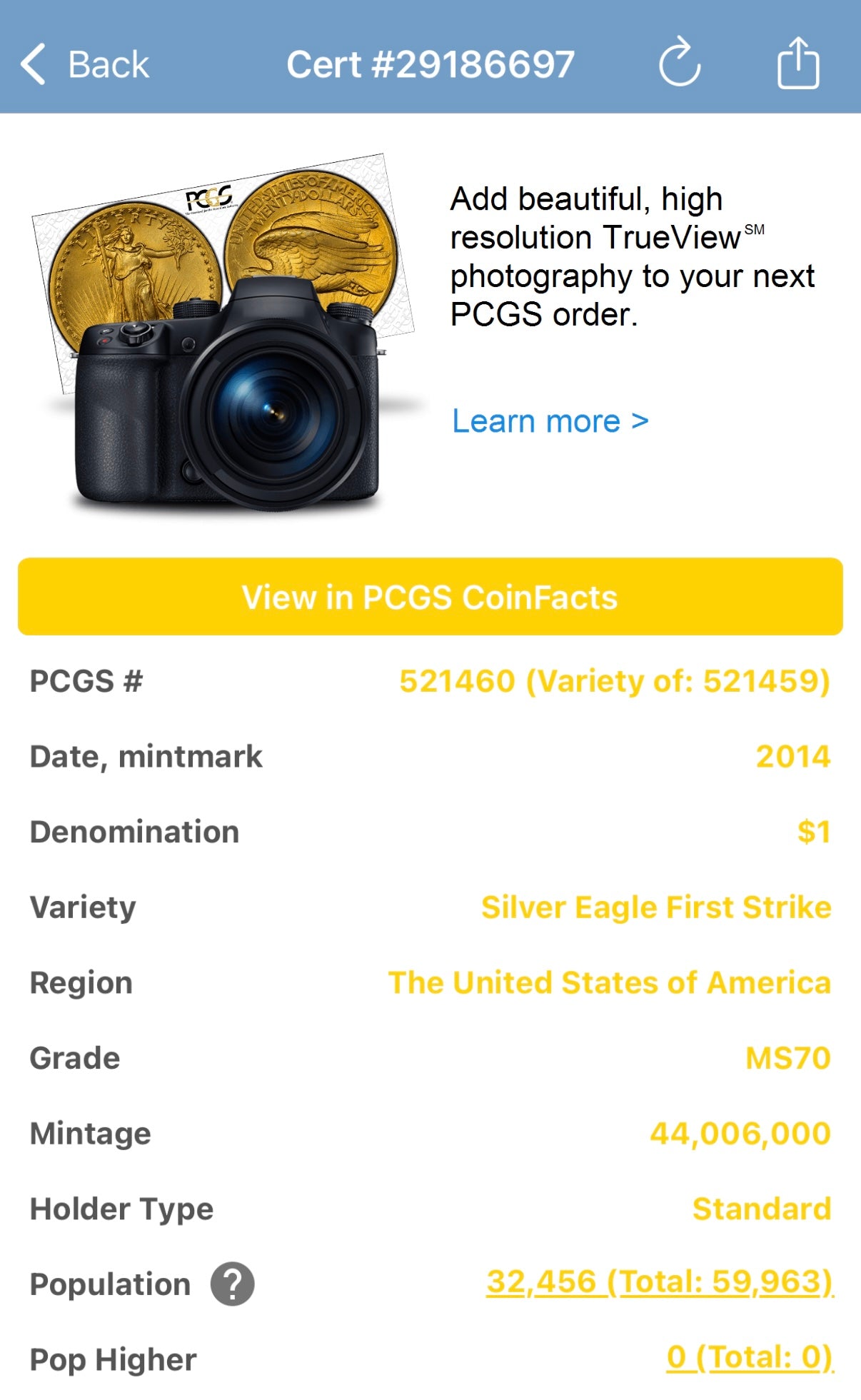 2014 $1 (W) American Silver Eagle PCGS MS70 First Strike Gold Foil Label Rare!