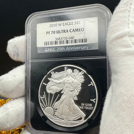 Proof 2010 (W) $1 American Silver Eagle NGC PF70 Black Holder Classic Blue Label 25th Anniversary (1 of 9,023)