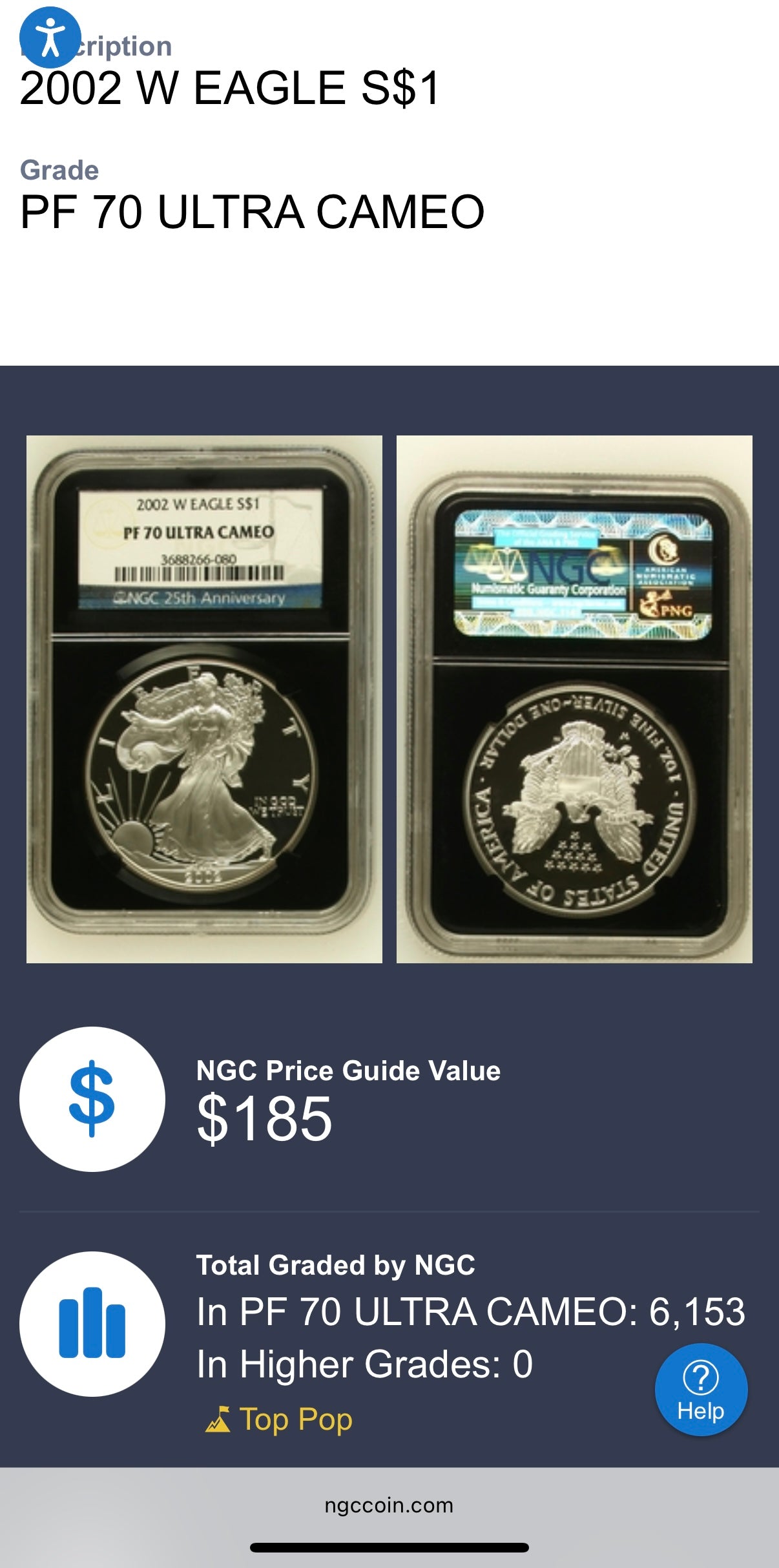 Proof 2002 (W) $1 American Silver Eagle NGC PF70UC Classic Blue Label Black Holder (1 of 6,153)