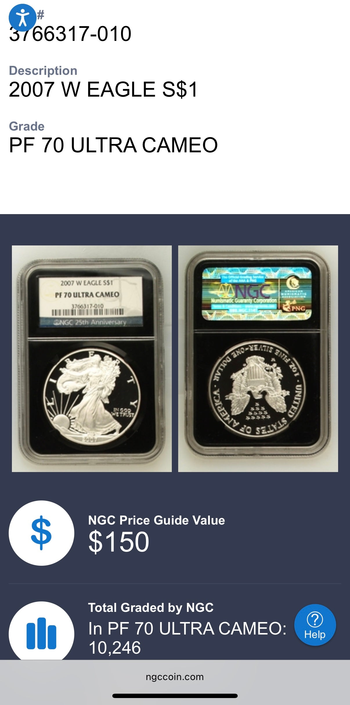 Proof 2007 (W) $1 American Silver Eagle NGC PF70UC Classic Blue Label Black Holder (1 of 10,245)