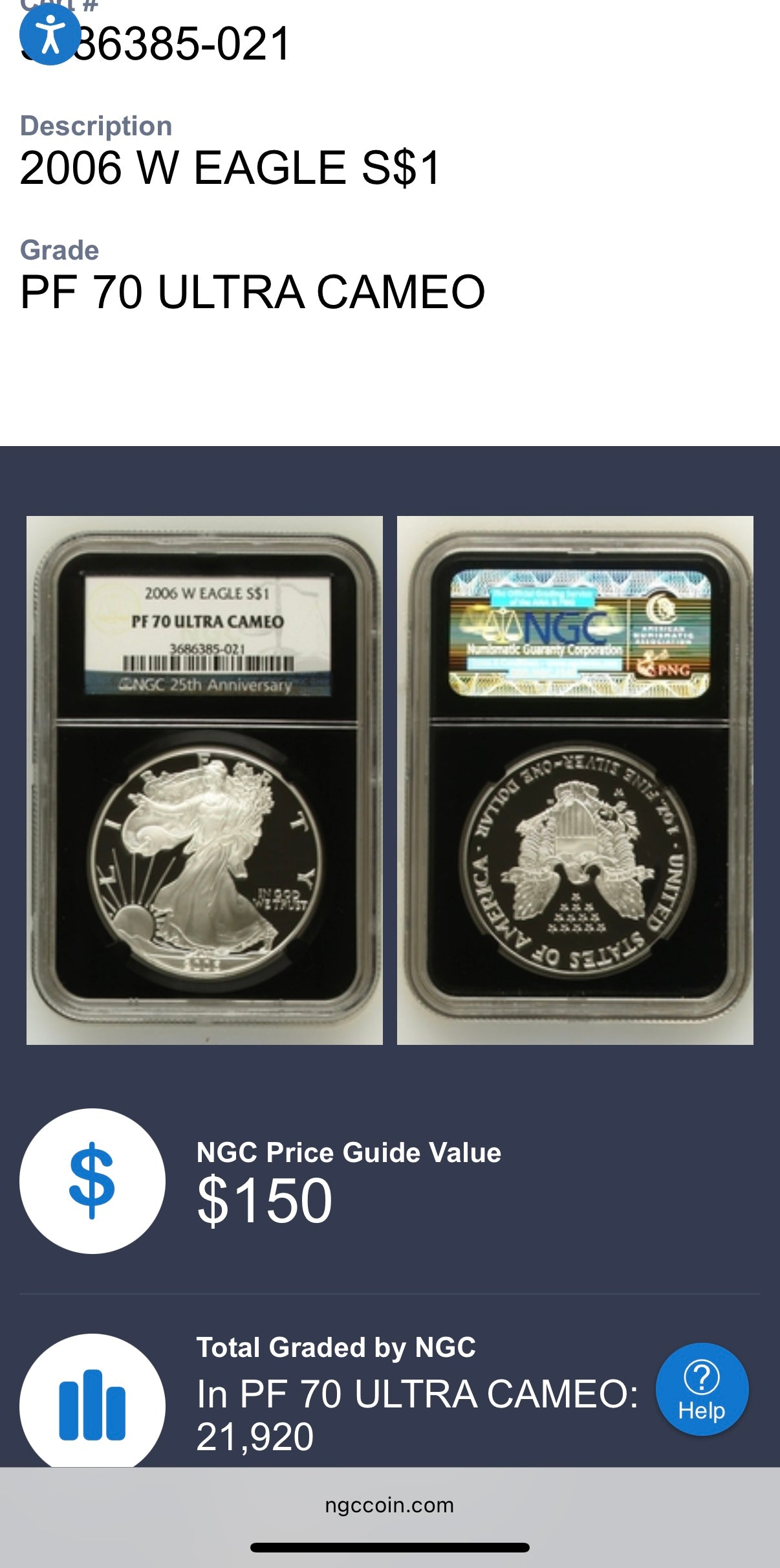 Proof 2006 (W) $1 American Silver Eagle NGC PF70UC Classic Blue Label Black Holder (1 of 21,920)