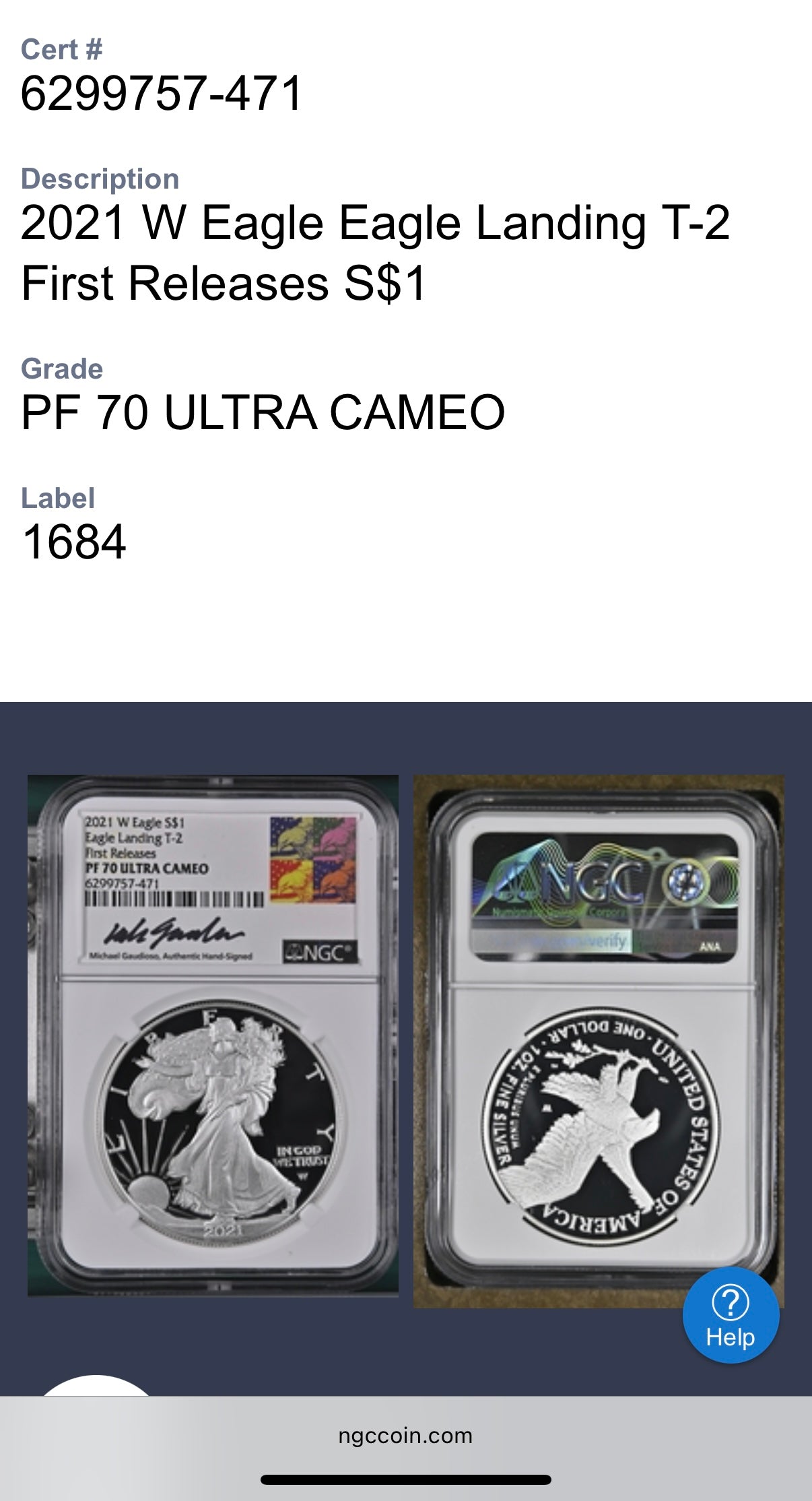 Proof 2021 (W) $1 American Silver Eagle NGC PF70 Type 2 First Releases Michael Gaudioso Signed (1 of 3,733) Mint Condition