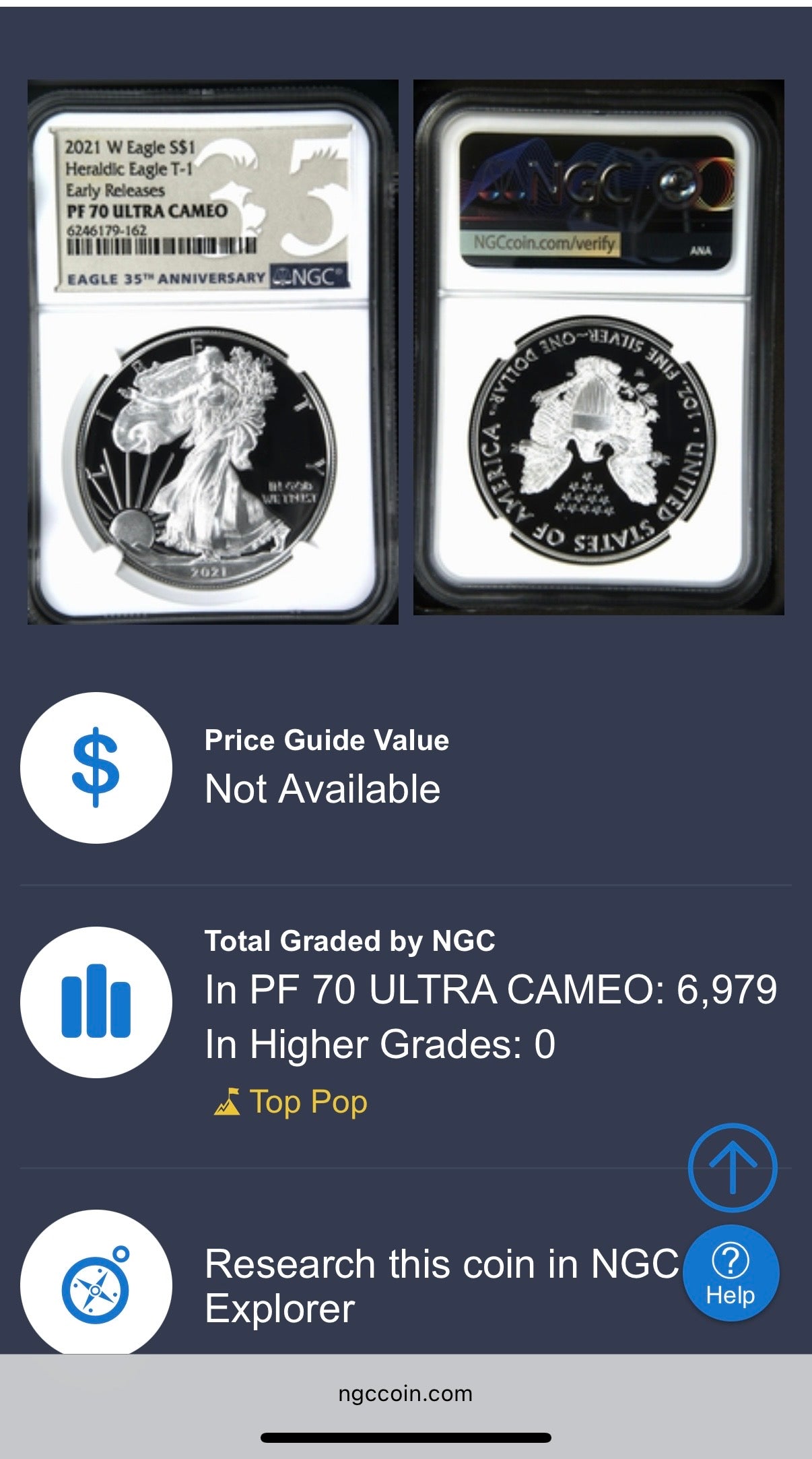 Proof 2021 (W) $1 American Silver Eagle NGC PF70UC Type 1 Early Releases 35th Anniversary Brown Eagle Label Mint Condition (1 of 6983)