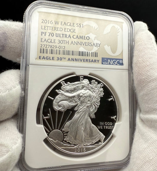 Proof 2016 (W) $1 American Silver Eagle NGC PF70UC Brown Eagle Lettered Edge 30th Anniversary Label White Holder Mint Condition