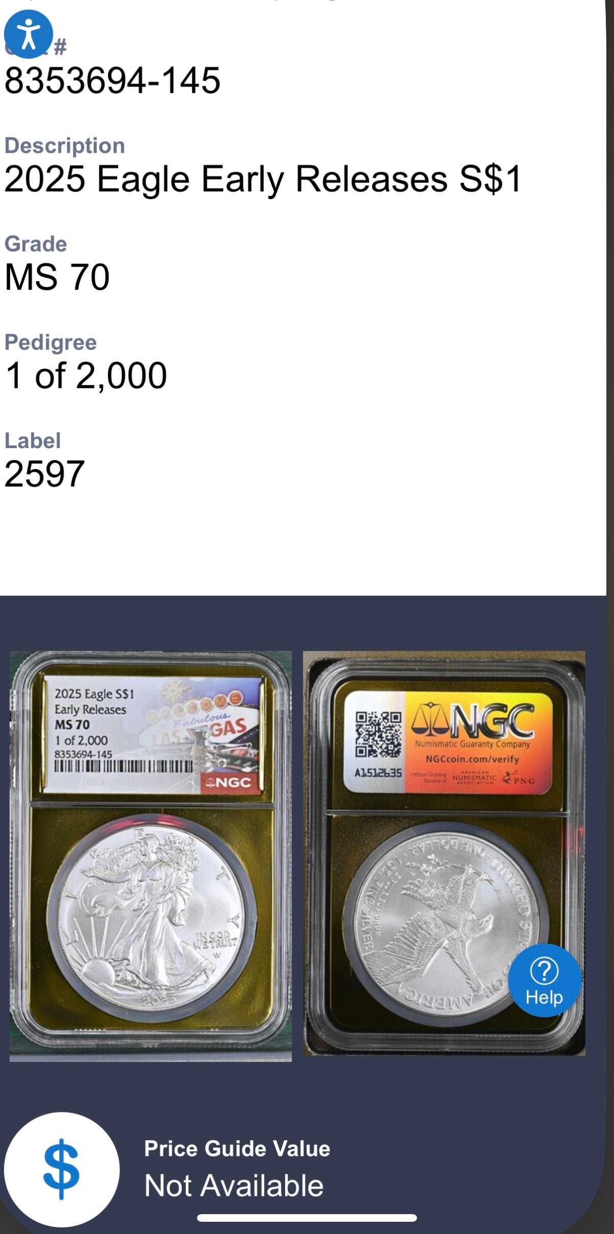 2025 $1 American Silver Eagle NGC MS70 Early Releases Vegas Label Gold Foil Rare 1 of 2,000 Mint