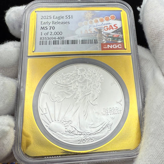 2025 $1 American Silver Eagle NGC MS70 Early Releases Vegas Label Gold Foil Rare 1 of 2,000 Mint