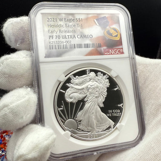 Proof 2021 (W) $1 American Silver Eagle NGC PF70UC T-1 Purple Heart Label White Core (1 of 5,344)