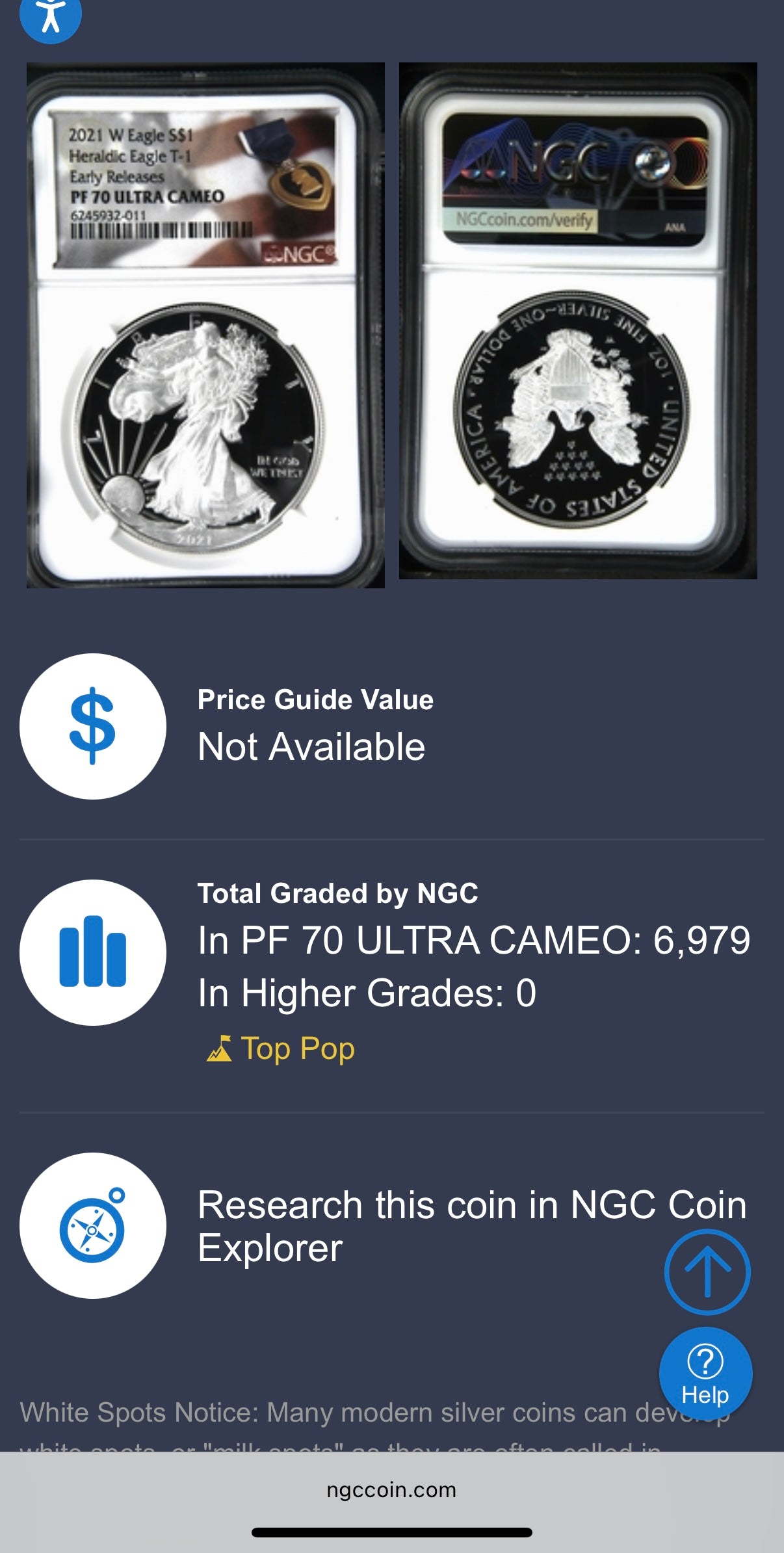 Proof 2021 (W) $1 American Silver Eagle NGC PF70UC T-1 Purple Heart Label White Core (1 of 5,344)