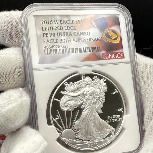 Proof 2016 (W) $1 American Silver Eagle NGC PF70UC Purple Heart Lettered Edge 30th Anniversary Label White Holder