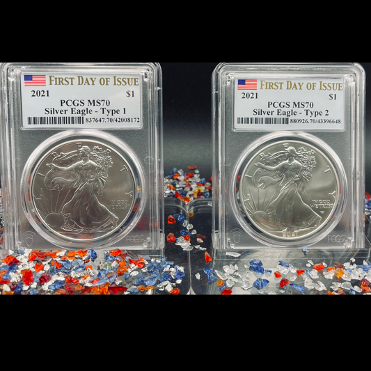 2021 $1 American Silver Eagle (2 Coin Set) PCGS MS70 First Day of Issue Type 1 & Type 2