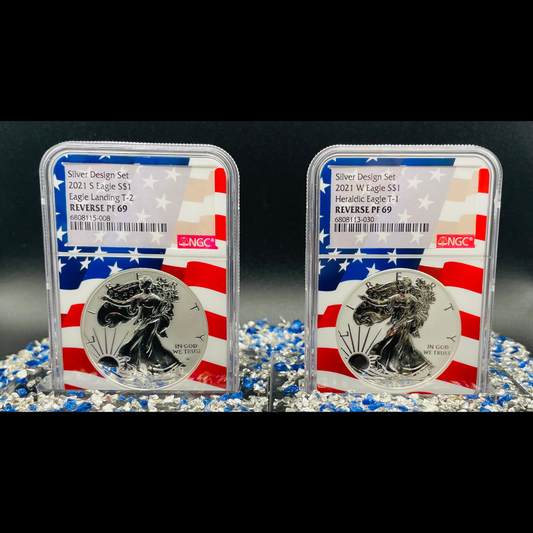 Reverse Proof 2021 Type 1 and Type 2 (2 Coin Set) $1 American Silver Eagle NGC PF69 Heraldic Eagle Label Flag Holder Mint Condition