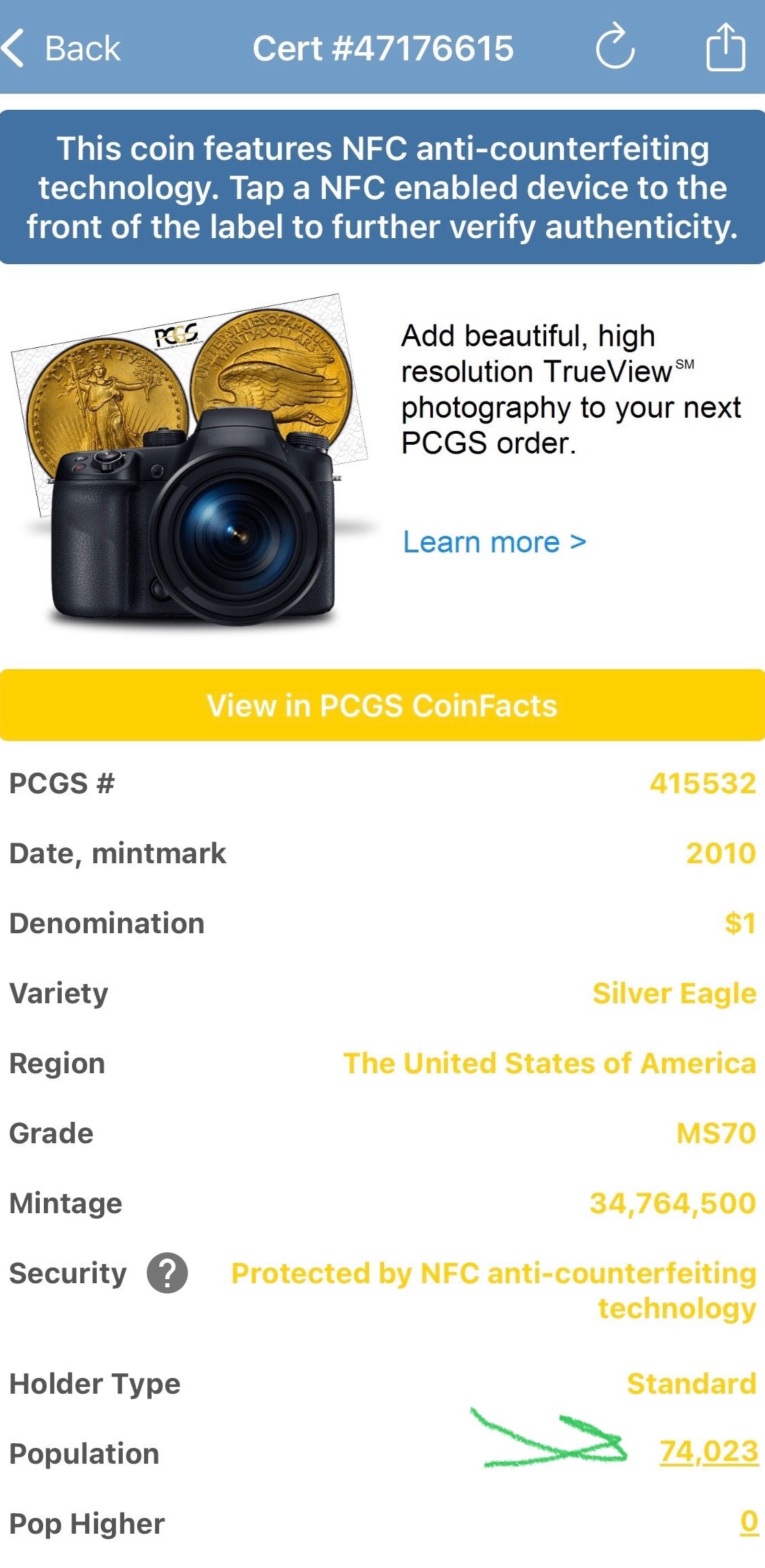 2010 Philadelphia $1 American Silver Eagle PCGS MS70 Business Strike Blue Label