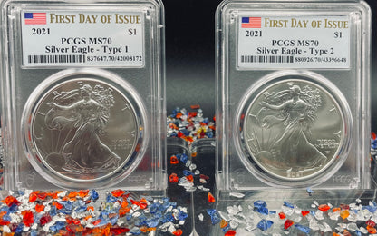 2021 $1 American Silver Eagle (2 Coin Set) PCGS MS70 First Day of Issue Type 1 & Type 2