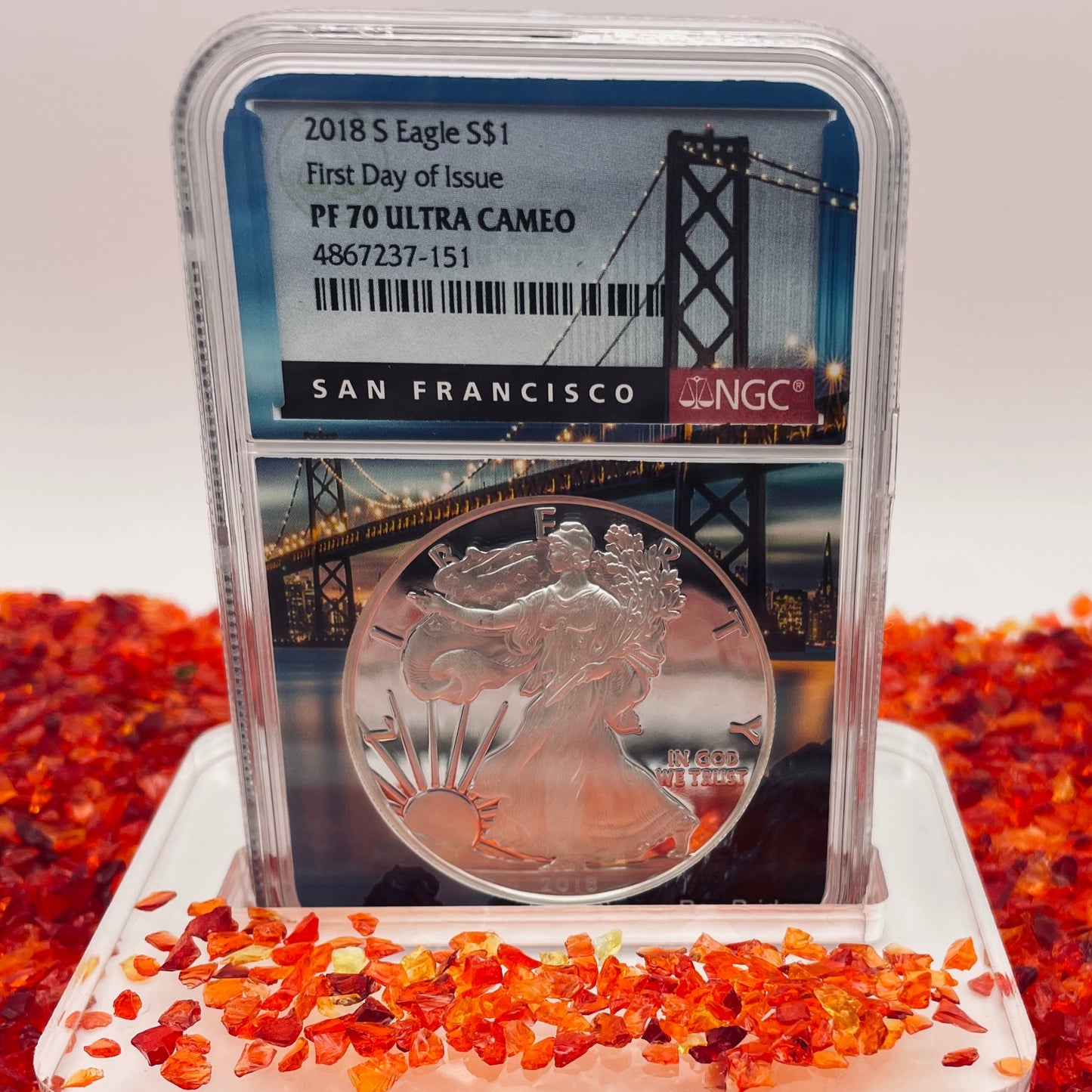 Proof 2018 (S) $1 American Silver Eagle NGC PF70 Golden Gate Bridge Holder (1 of 6,595)