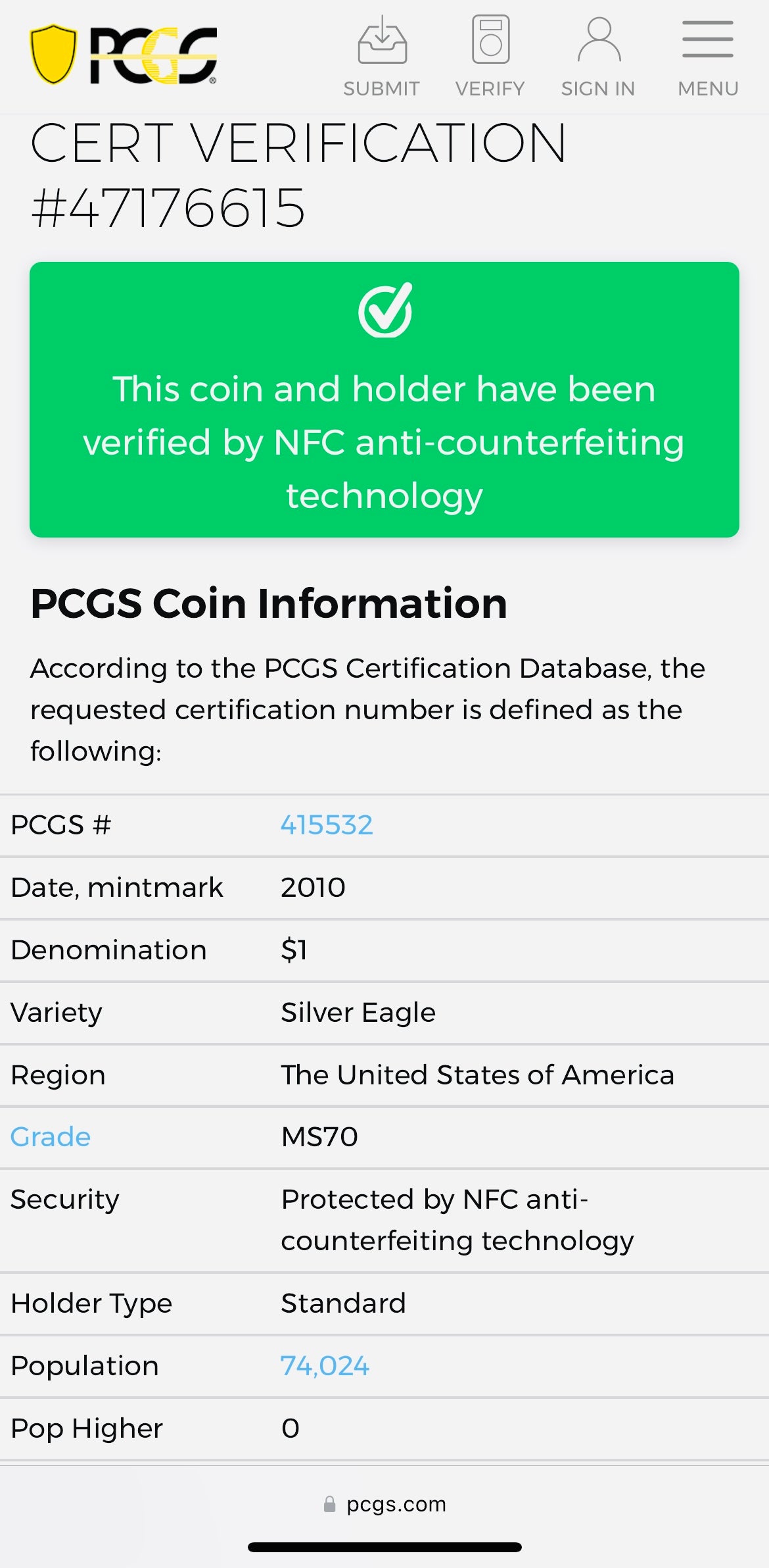 2010 Philadelphia $1 American Silver Eagle PCGS MS70 Business Strike Blue Label