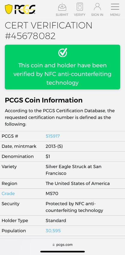 2013 (S) $1 American Silver Eagle PCGS MS70 Business Strike Blue Label (1 of 30,595)