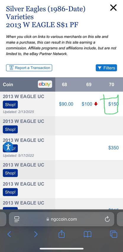 Proof 2013 (W) $1 American Silver Eagle NGC PF70 West Point Gold Star Label New Holder (1 of 8,788)