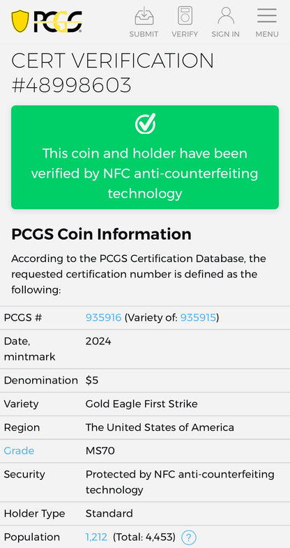 2024 $5 American Gold Eagle PCGS MS70 First Strike Flag Label (Rare 1 of 1,232)