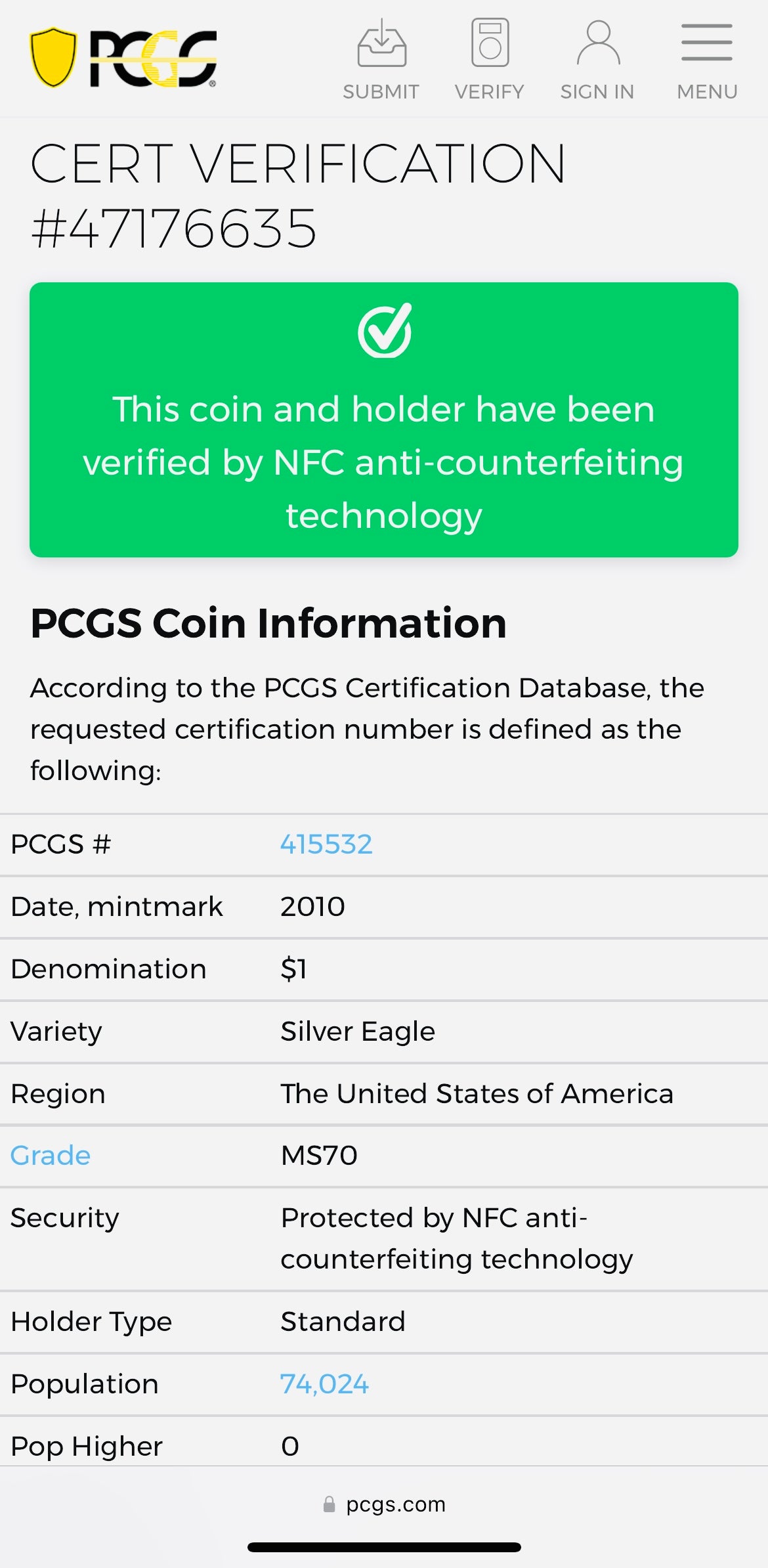 2010 Philadelphia $1 American Silver Eagle PCGS MS70 Business Strike Blue Label