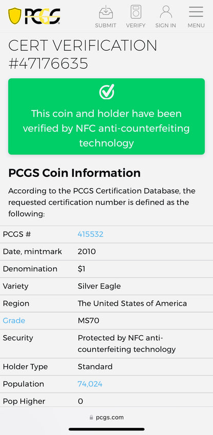 2010 Philadelphia $1 American Silver Eagle PCGS MS70 Business Strike Blue Label