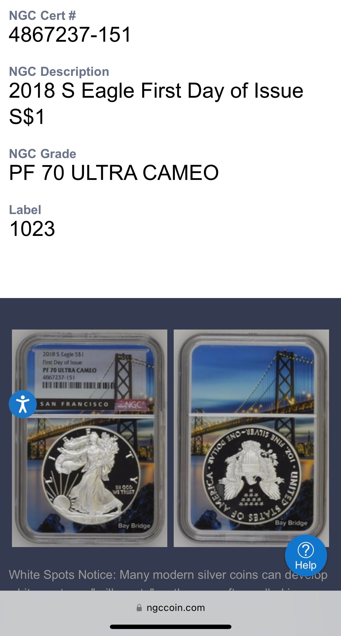 Proof 2018 (S) $1 American Silver Eagle NGC PF70 Golden Gate Bridge Holder (1 of 6,595)