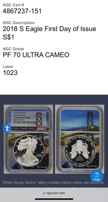 Proof 2018 (S) $1 American Silver Eagle NGC PF70 Golden Gate Bridge Holder (1 of 6,595)