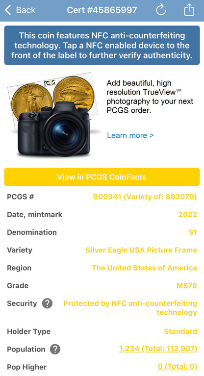 2022 $1 American Silver Eagle PCGS MS70 American Flag Holder (Rare 1 of 1,234)