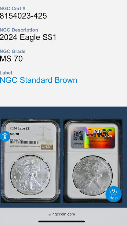 2024 $1 American Silver Eagle NGC MS70 Business Strike Brown Label