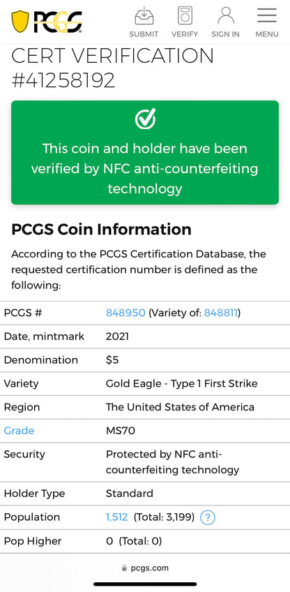 2021 $5 American Gold Eagle (2 Coin Set) PCGS MS70 First Strike Flag Type 1 and Type 2
