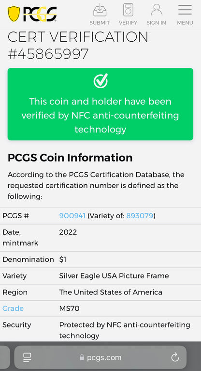2022 $1 American Silver Eagle PCGS MS70 American Flag Holder (Rare 1 of 1,234)