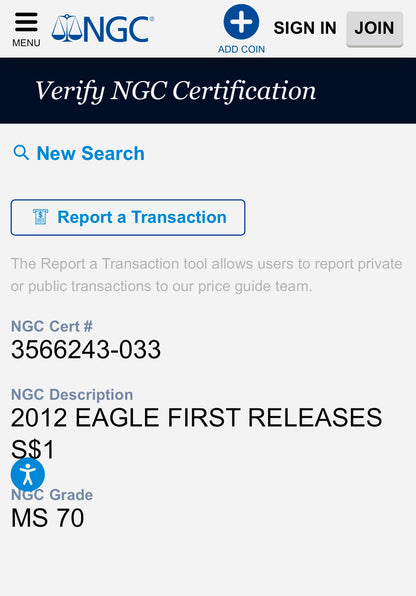 2012 $1 American Silver Eagle NGC MS70 First Releases American Eagle Label (1 of 39,967)