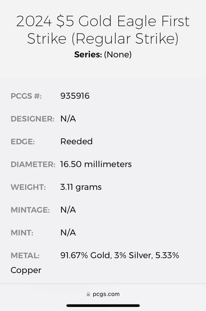 2024 $5 American Gold Eagle PCGS MS70 First Strike Flag Label (Rare 1 of 1,232)