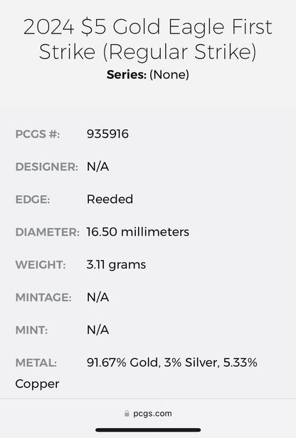 2024 $5 American Gold Eagle PCGS MS70 First Strike Flag Label (Rare 1 of 1,232)