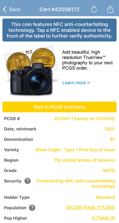 2021 $1 American Silver Eagle (2 Coin Set) PCGS MS70 First Day of Issue Type 1 & Type 2