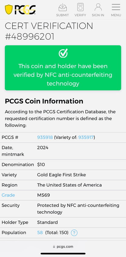 2024 $10 American Gold Eagle PCGS MS69 First Strike Flag Label (Rare 1 of 58)