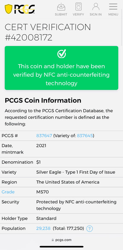 2021 $1 American Silver Eagle (2 Coin Set) PCGS MS70 First Day of Issue Type 1 & Type 2