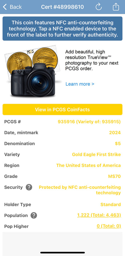 2024 $5 American Gold Eagle PCGS MS70 First Strike Flag Label (Rare 1 of 1,232)