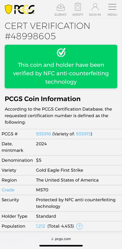 2024 $5 American Gold Eagle PCGS MS70 First Strike Flag Label (Rare 1 of 1,232)