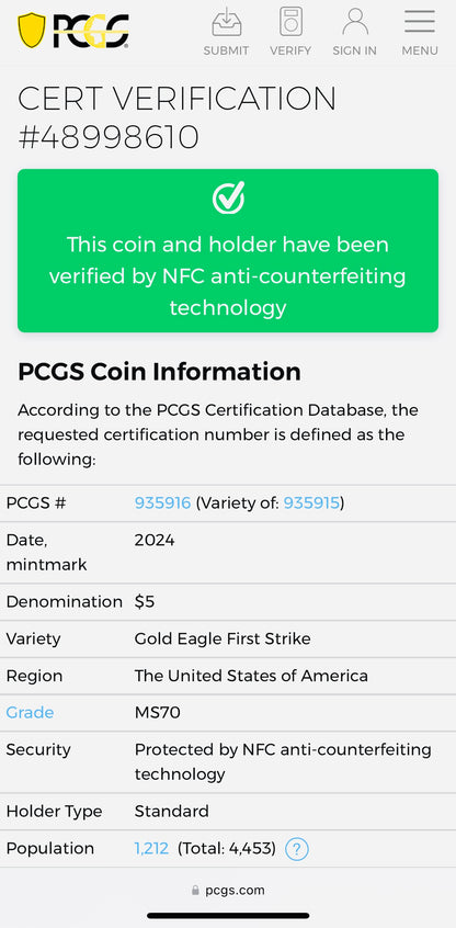 2024 $5 American Gold Eagle PCGS MS70 First Strike Flag Label (Rare 1 of 1,232)